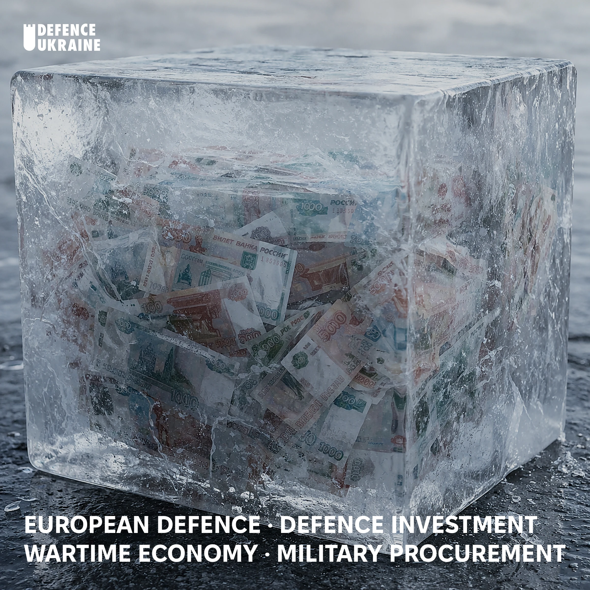 Russian rouble banknotes frozen inside a block of ice, illustrating the immobilised Russian sovereign reserves now used to collateralise European defence financing for Ukraine.