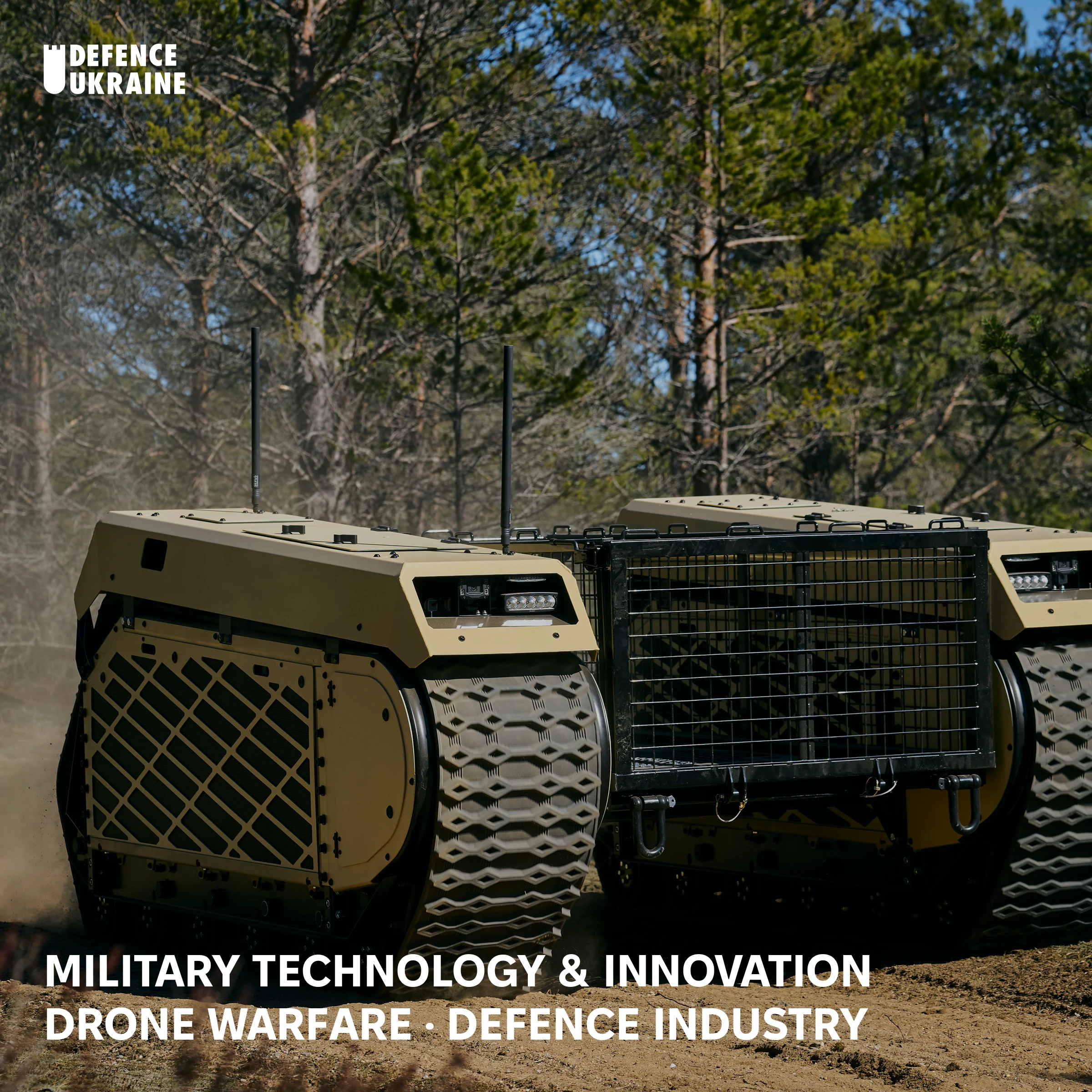 A Milrem THeMIS 5th-generation tracked unmanned ground vehicle kicks up dust on a forest test track, illustrating the Western UGV platform that Ukrainian forces have adapted with domestic weapon modules under a Dutch-financed manufacturing expansion.