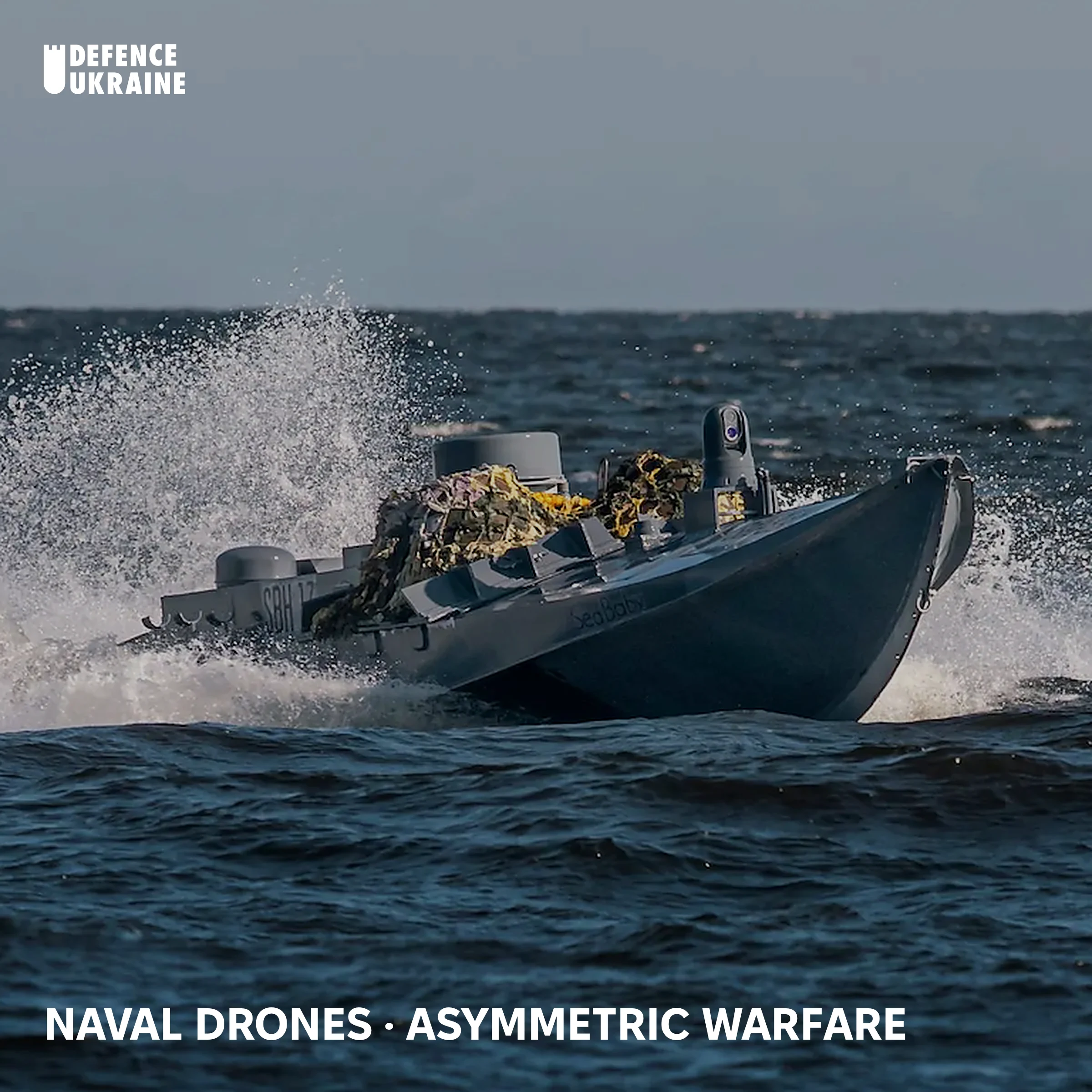 A Ukrainian Sea Baby unmanned surface vessel at high speed on the Black Sea, one of the Security Service of Ukraine's naval drones that reshaped maritime warfare against the Russian Black Sea Fleet.